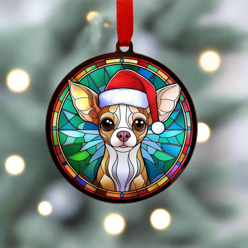 Chihuahua Fawn in Santa Hat Suncatcher Decoration